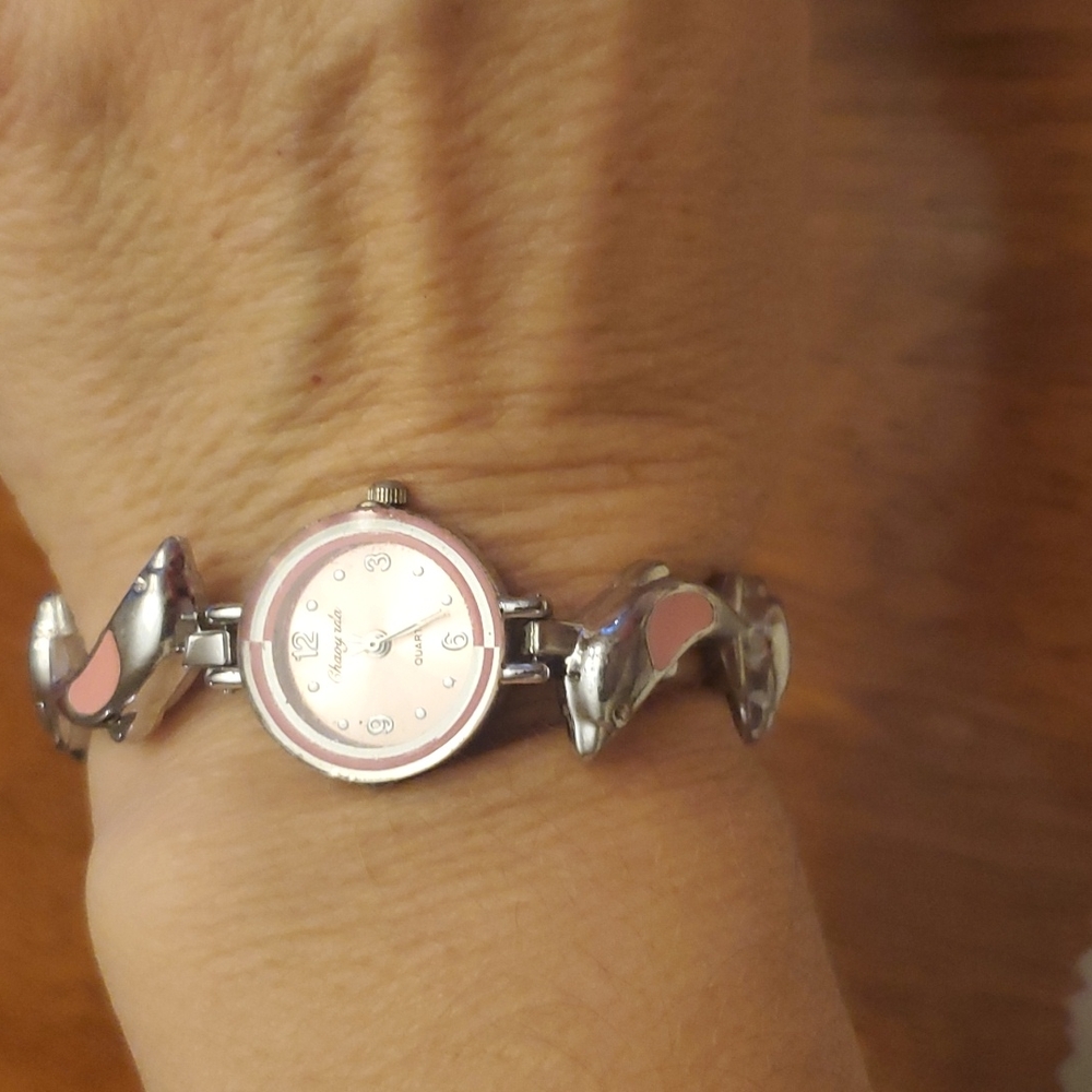 Pink Metal Dolphin Link Bracelet Wrist Watch